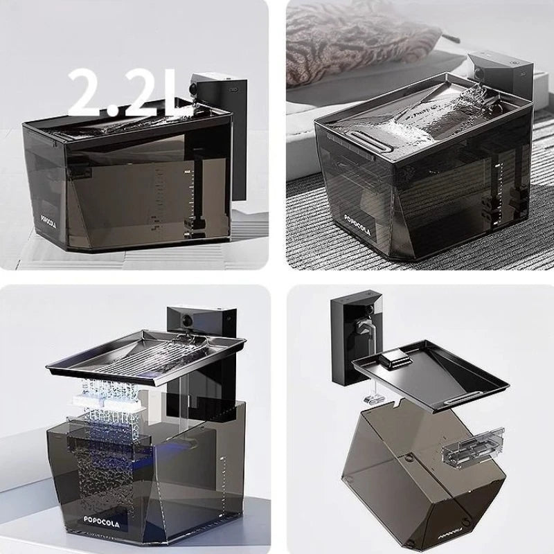 A 2.2L pop-cola style water fountain shown in a four-panel collage, displaying different angles and features including the water reservoir, dripping water, and drain tray.