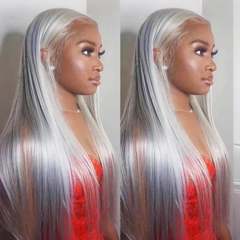 Two views of a person with long silver hair wearing a red top.