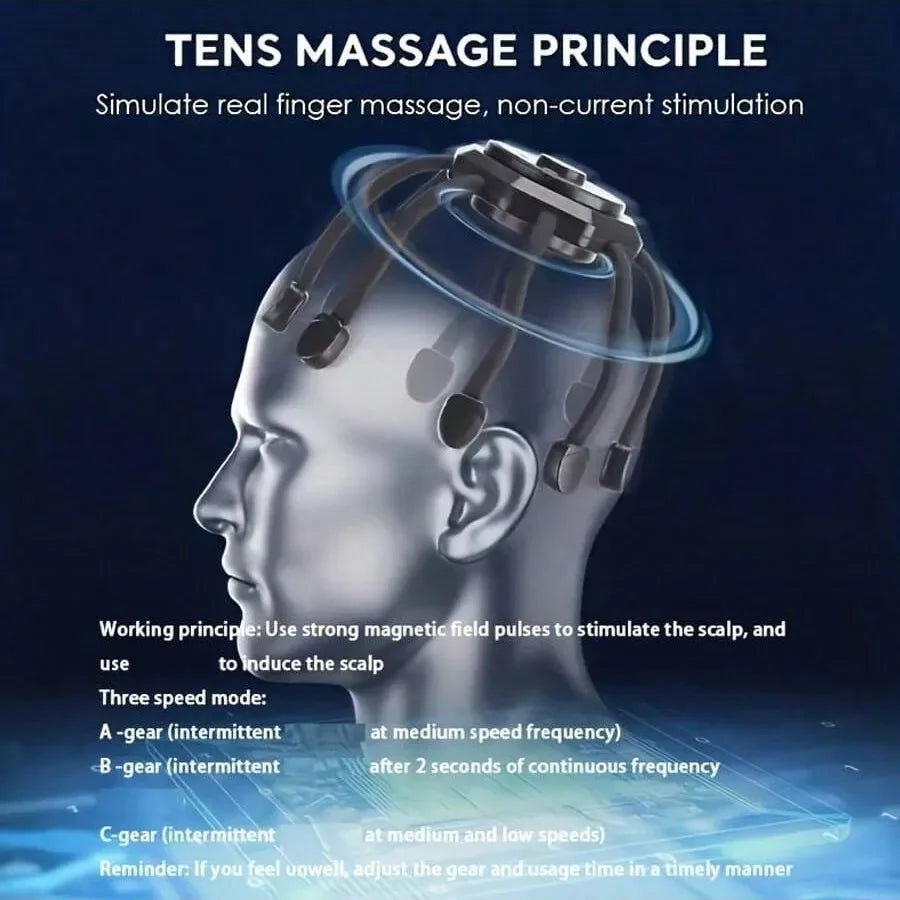 Diagram of a TENS machine on a person's head with text explaining the massage principle and working principle.