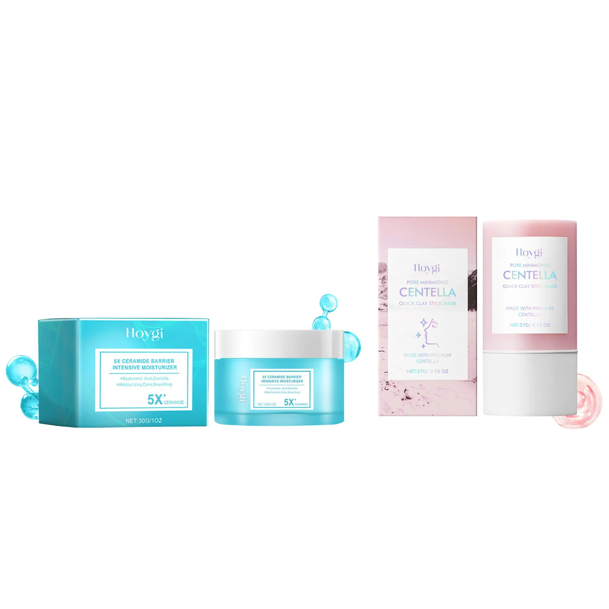 Set of skincare products with blue and pink packaging on a white background