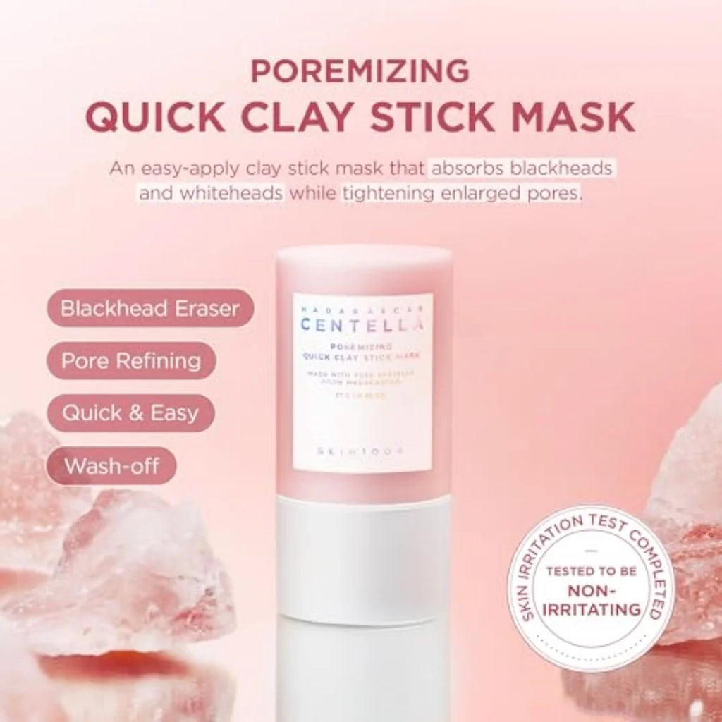 A cosmetic product labeled 'Poreminizing Quick Clay Stick Mask' centered on a soft pink background, with descriptive text, feature callouts, and decorative pink stone imagery. The product appears to be a white and pale pink stick mask container.