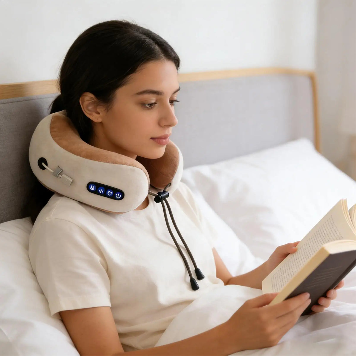 A woman in a white t-shirt sits in bed reading a book, wearing a beige neck pillow with a built-in control panel.