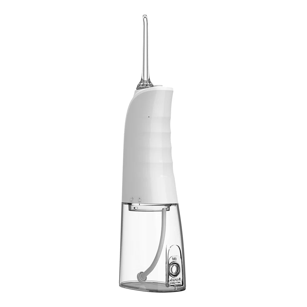 A white and clear electric oral irrigator water flosser with a transparent nozzle tip, shown against a solid white background.