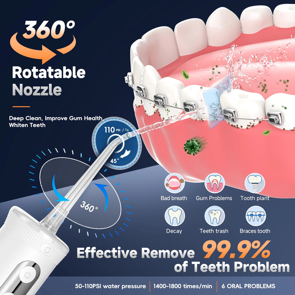 Oral care product with 360-degree rotatable nozzle for dental cleaning, showing effectiveness on teeth with braces.