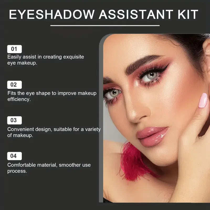 Advertisement for an eyeshadow assistant kit with a woman's face and makeup features.
