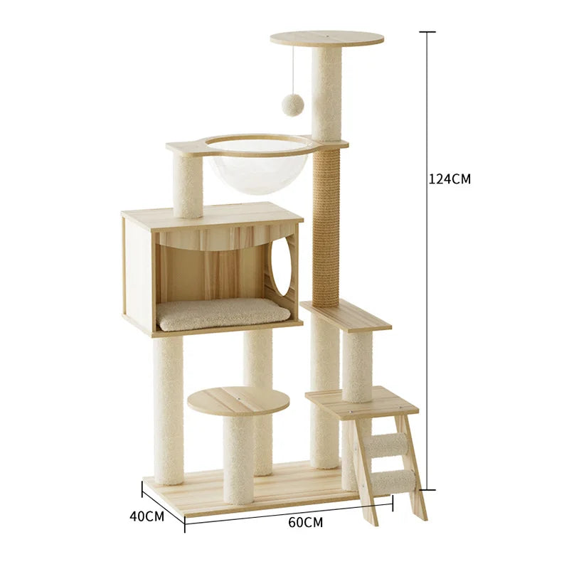 Wooden cat tree with shelves and a height measurement label on a white background