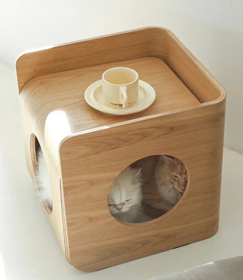 Wooden pet bed with a circular opening for cats, featuring two cats inside and a cup on top.
