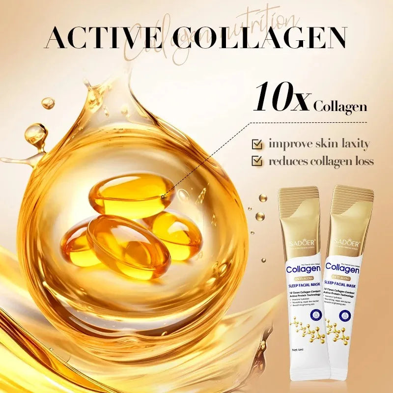 Collagen supplement capsules with a droplet of liquid on a beige background, featuring text about active collagen and product packaging.