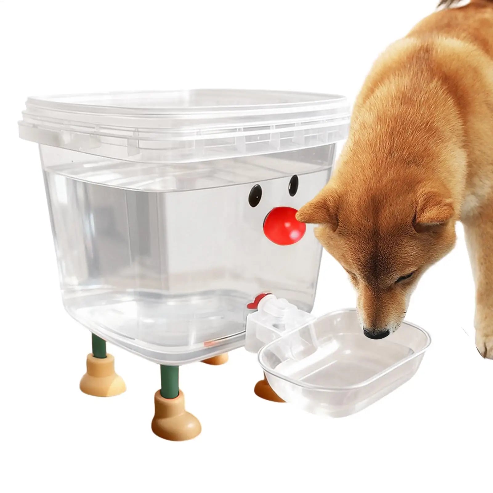A dog drinking from a clear plastic pet water dispenser with a transparent storage container, small decorative legs, and a red nose detail, shown on a white background.