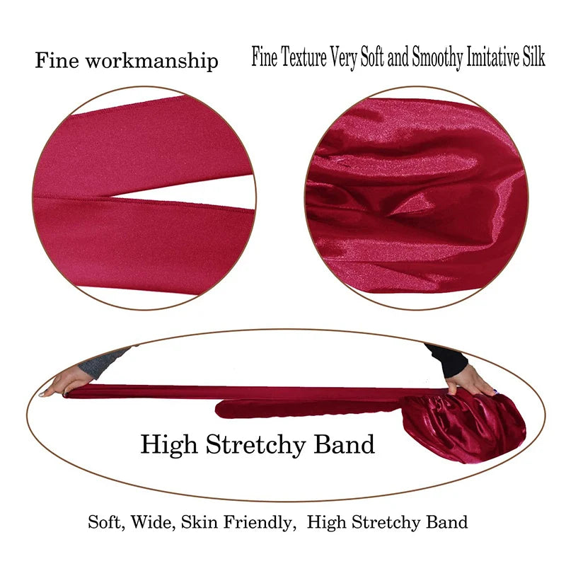 Red band with text describing its features on a white background