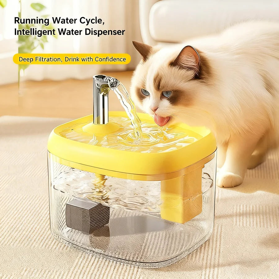 Cat drinking from a yellow and transparent water dispenser on a light-colored carpet.