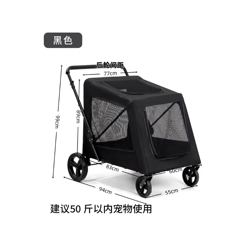 Black pet stroller with dimensions and weight capacity on a white background