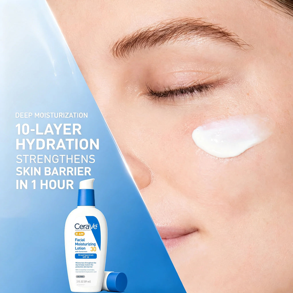 CeraVe Deep Moisturization 10-Layer Hydration Facial Moisturizing Lotion bottle shown next to a close-up of a woman's face with moisturizer cream applied under her eye.