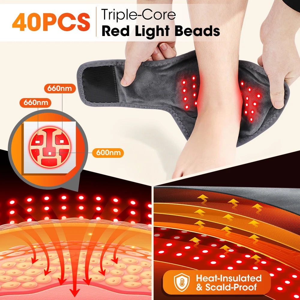 Heated insole with red light beads, showing heat-insulated and scald-proof features.