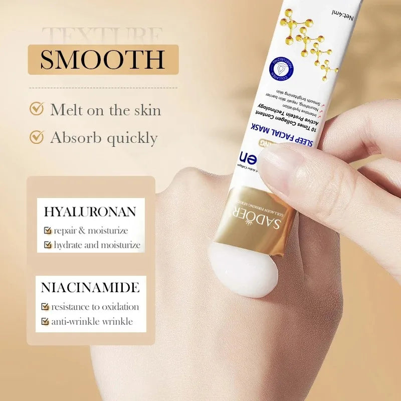 Skincare product with text highlighting texture, smoothness, and key ingredients on a beige background.