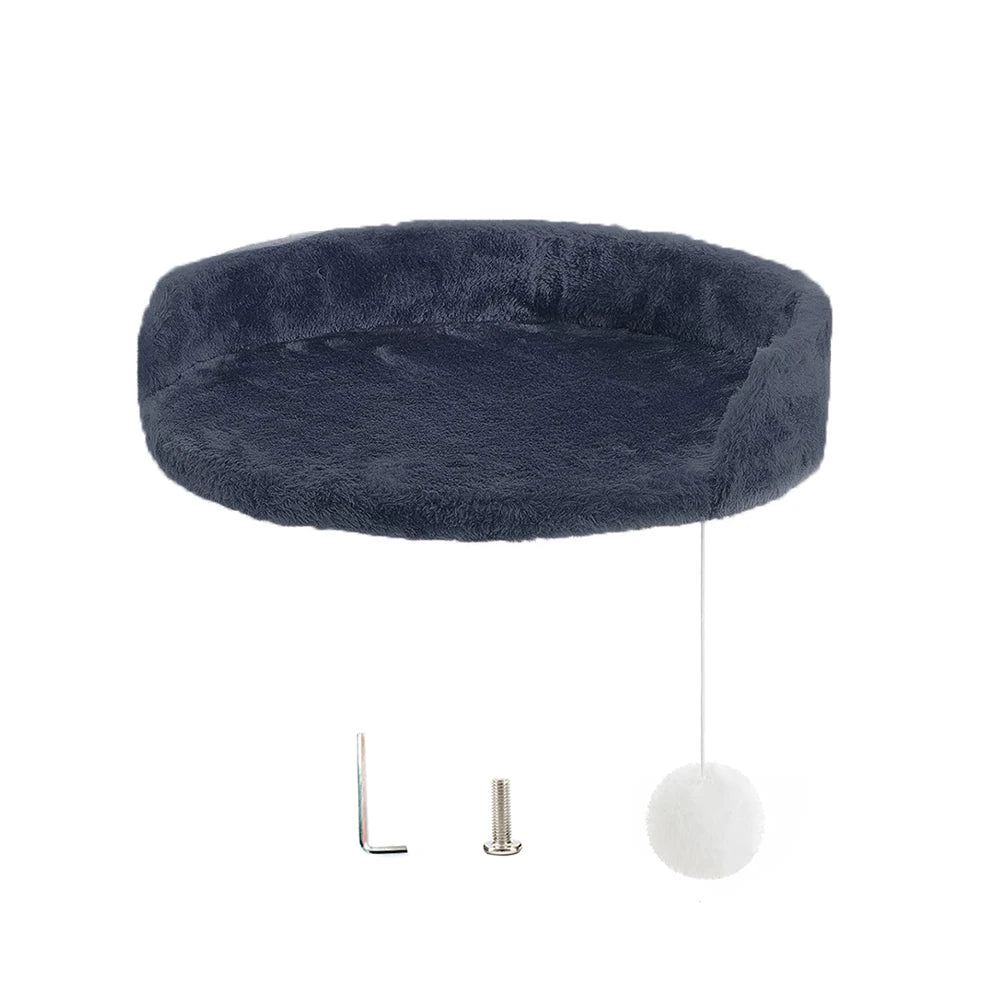 Blue pet bed with hanging ball and stand on a white background