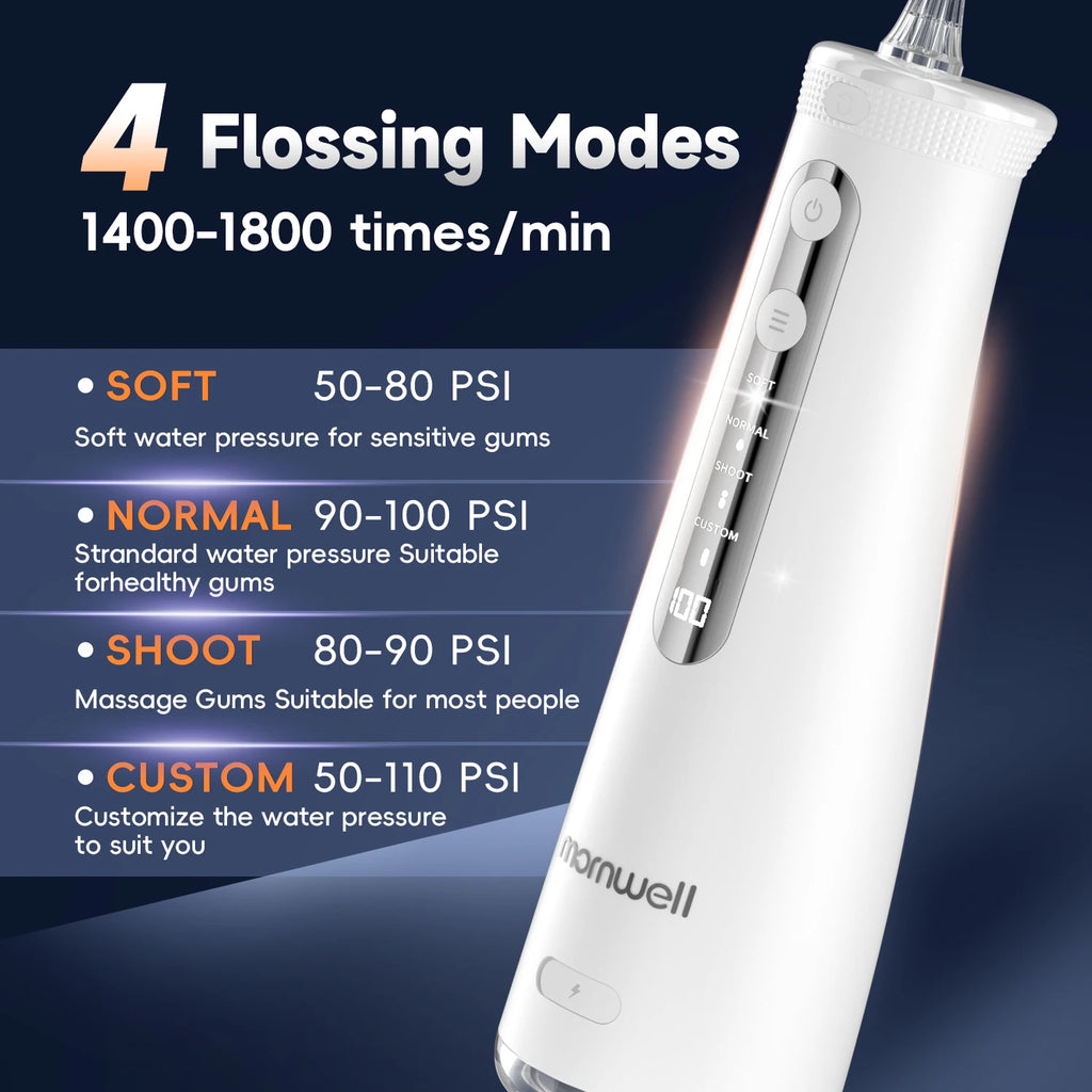 Nornwell dental water flosser with 4 flossing modes on a dark background