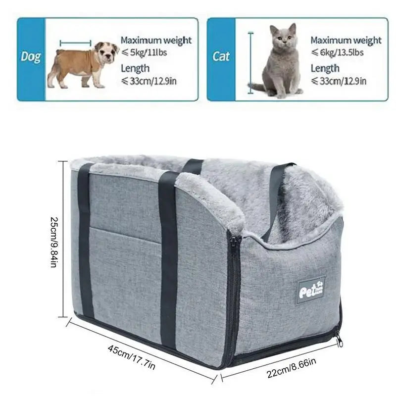 Pet carrier with dimensions and weight limits for dogs and cats, featuring illustrations of a dog and a cat.
