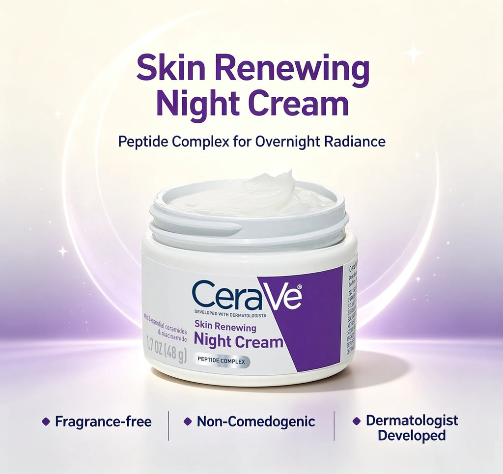 CeraVe Skin Renewing Night Cream jar shown on a soft white-to-lavender gradient background with promotional text above and feature badges below. The product is a white cream jar with a purple and white label.