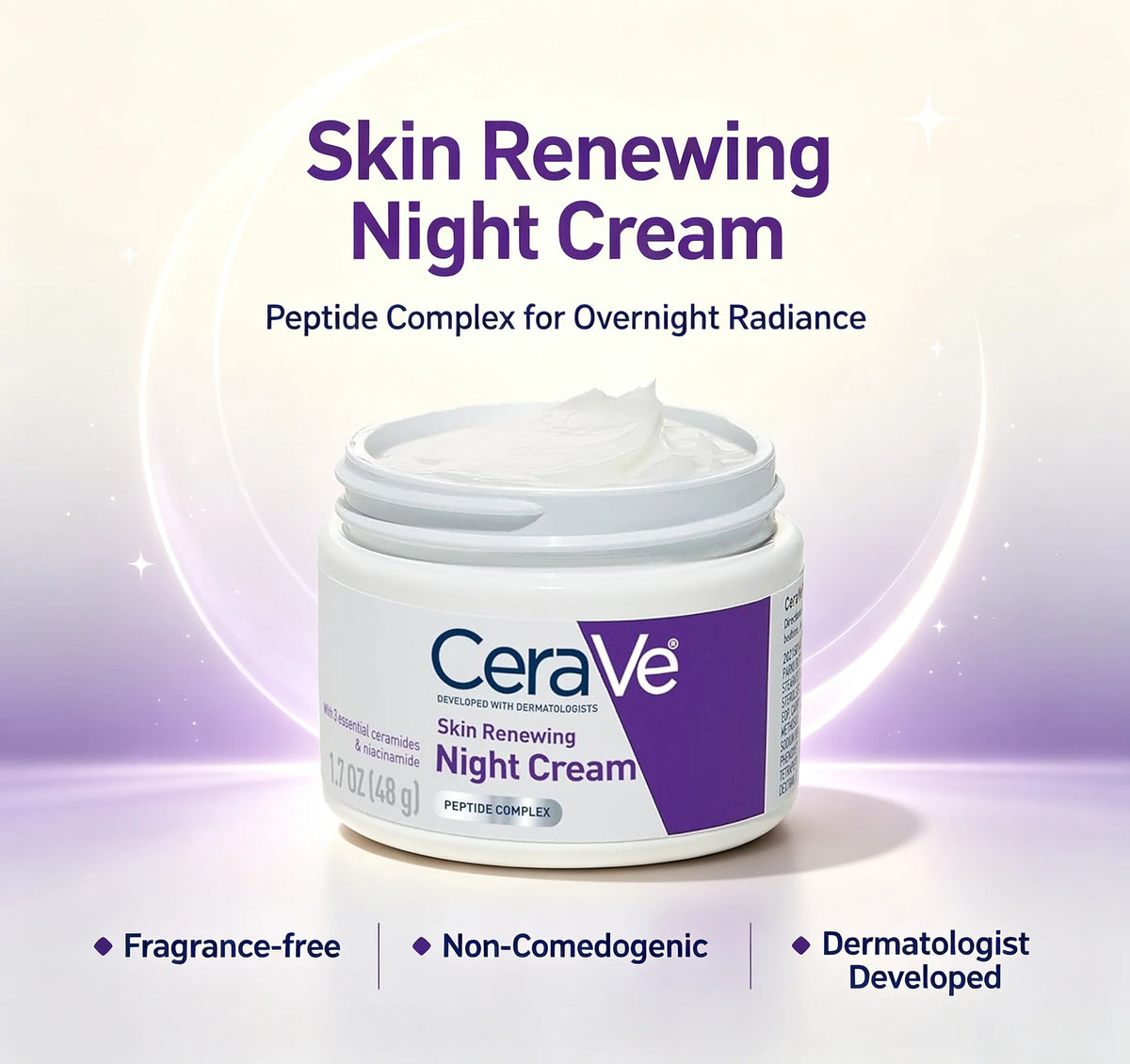 CeraVe Skin Renewing Night Cream jar shown on a soft white-to-lavender gradient background with promotional text above and feature badges below. The product is a white cream jar with a purple and white label.