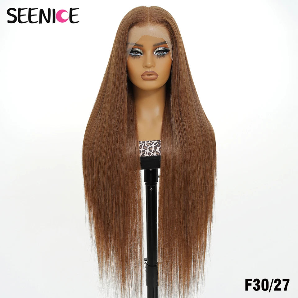 A long, straight wig with deep brown color displayed on a mannequin head stand against a plain white background. The brand name 'SEENICE' is visible in the top left corner, and the style code 'F30/27' is in the bottom right.