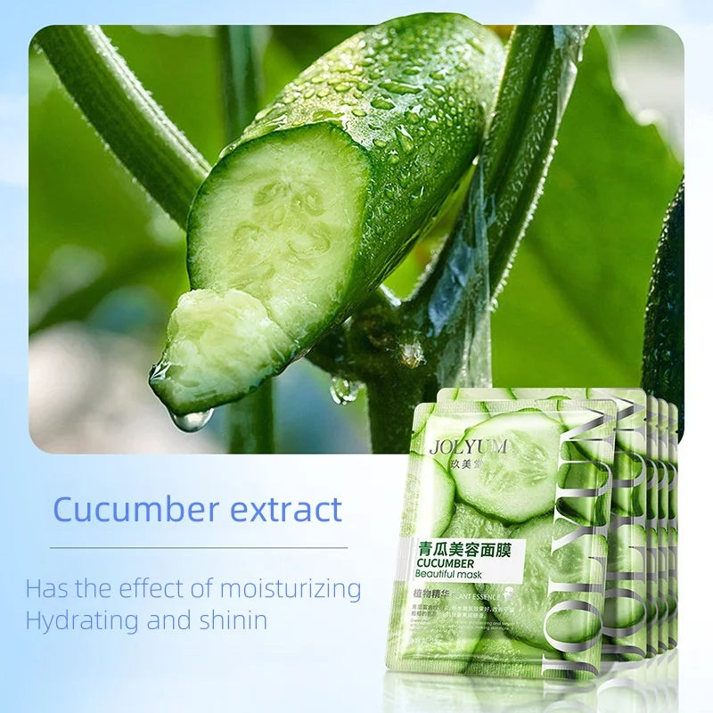 Cucumber slices with a JOYU mask packaging on a light blue background