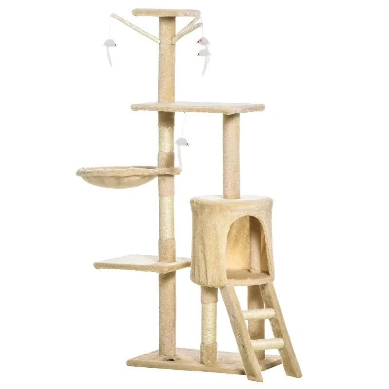 Beige cat tree with multiple levels and a ladder on a white background