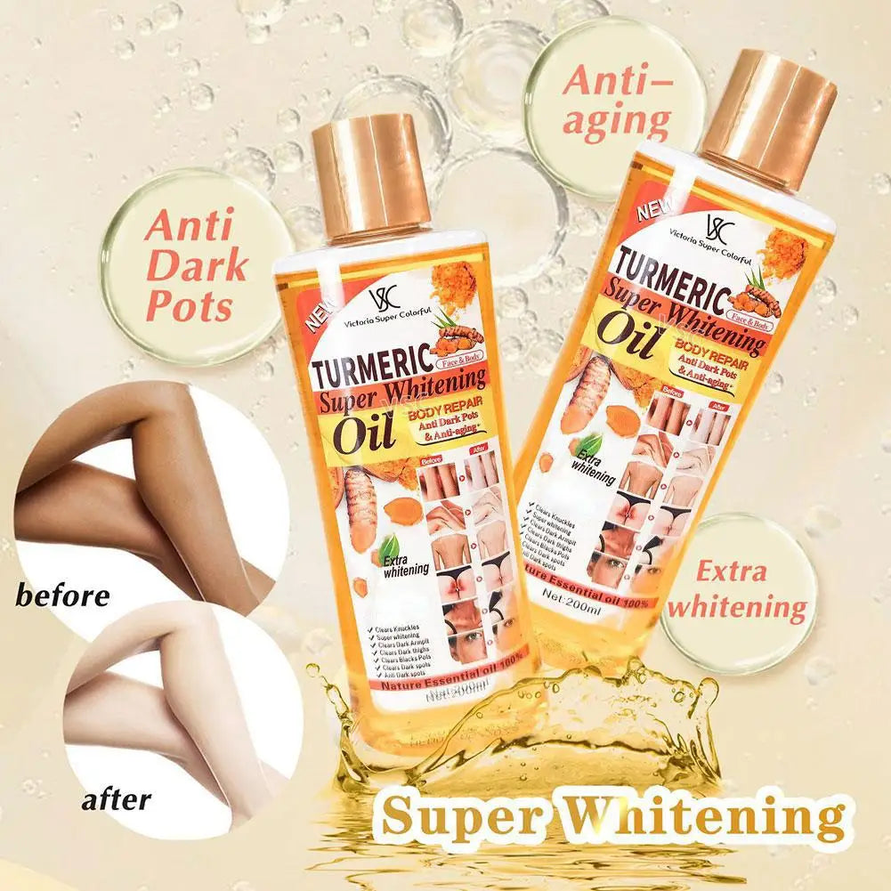 Turmeric super whitening oil bottles with before and after effects on skin.