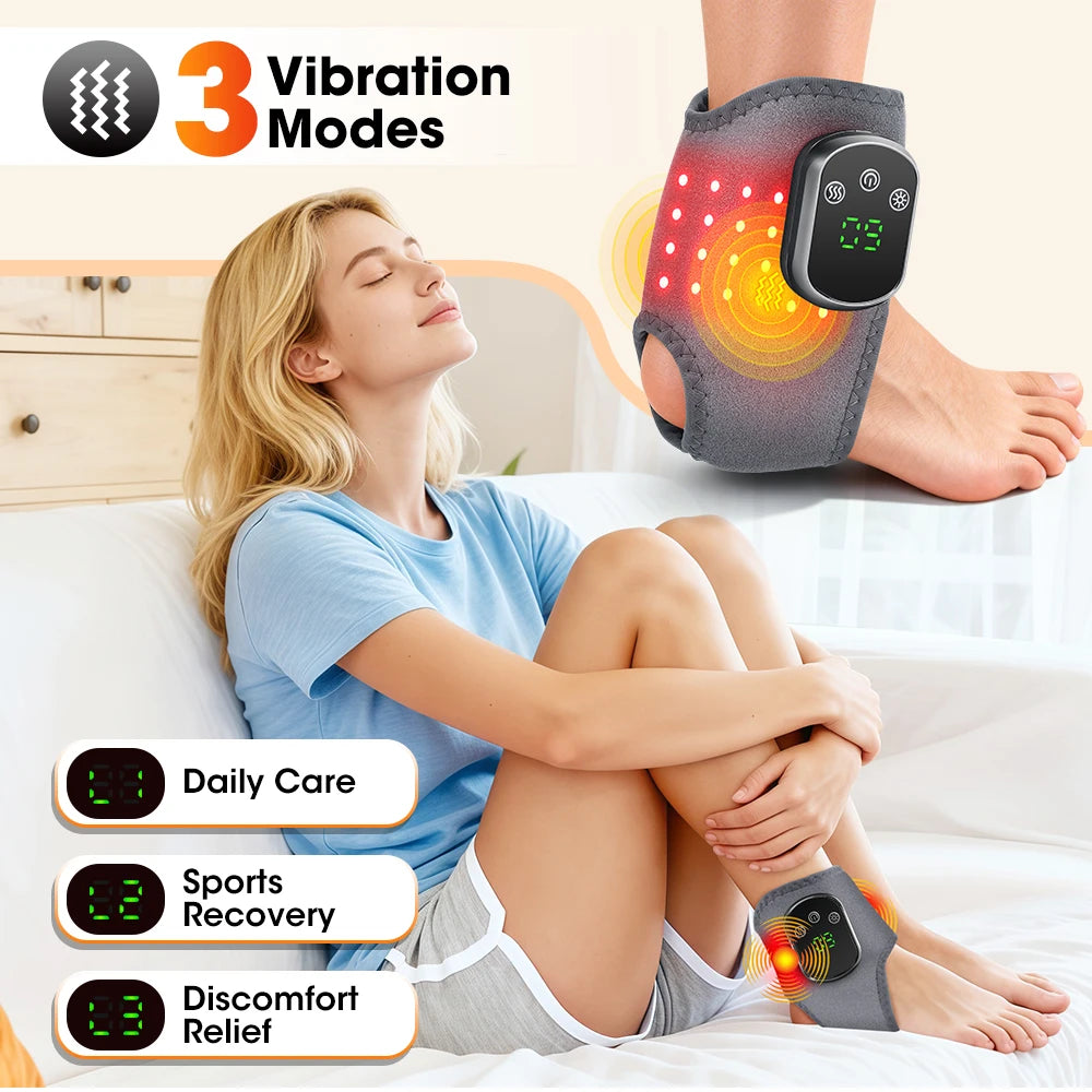 Woman using a vibration therapy device on her leg with text indicating vibration modes.