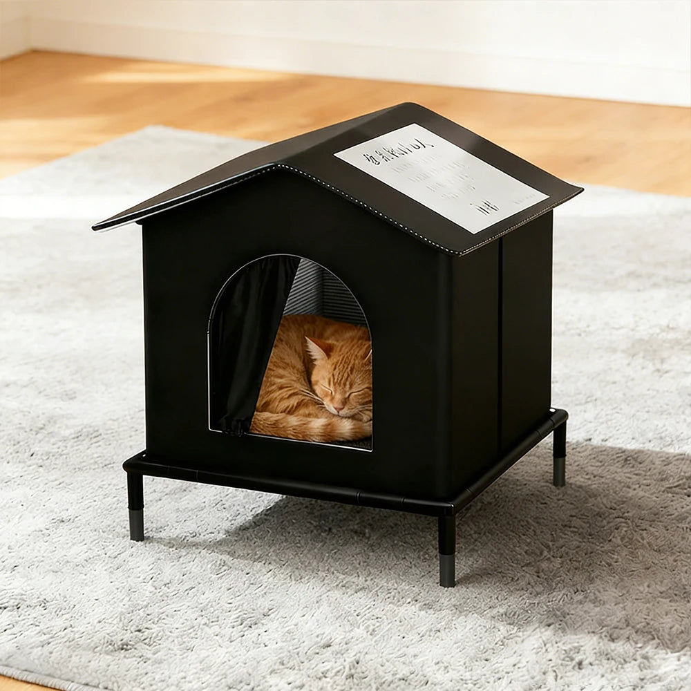 Black pet house with a cat inside on a carpeted floor