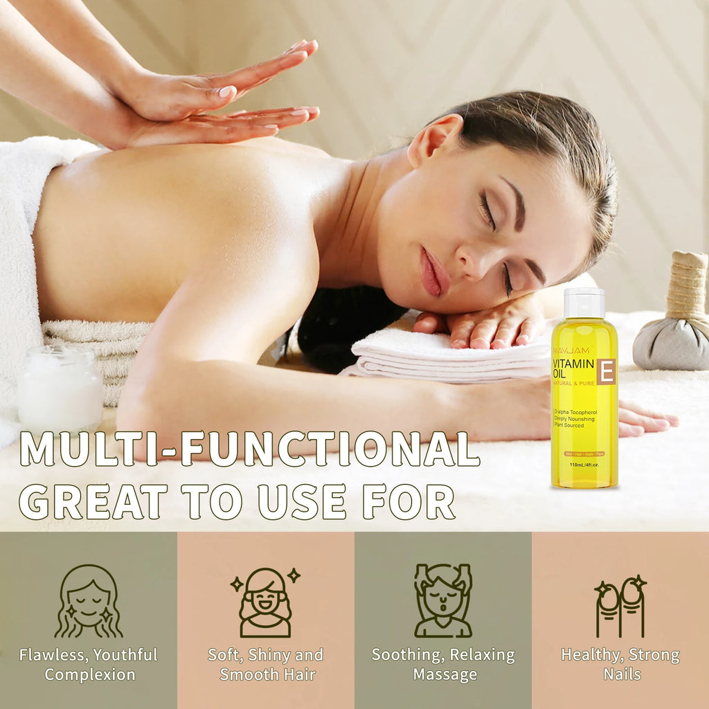 Woman receiving a massage with a bottle of vitamin E oil on a beige background