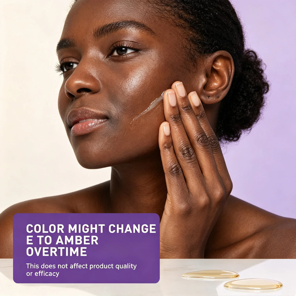 A woman with dark skin applies a clear gel-like cosmetic product to her cheek. A purple text box at the bottom left reads, 'COLOR MIGHT CHANGE TO AMBER OVERTIME' with smaller text below.