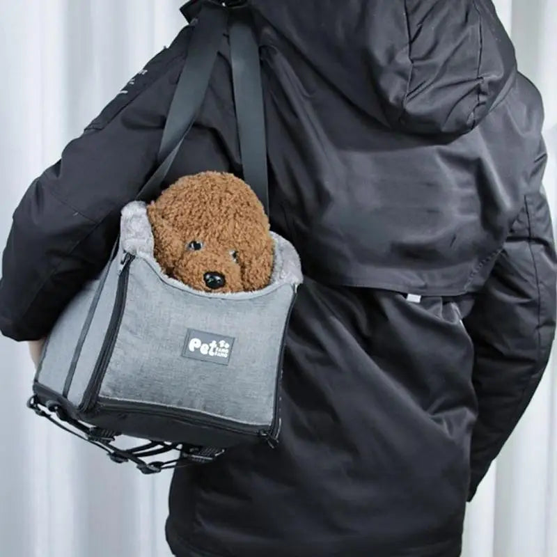 Person carrying a small brown dog in a gray pet carrier against a white background