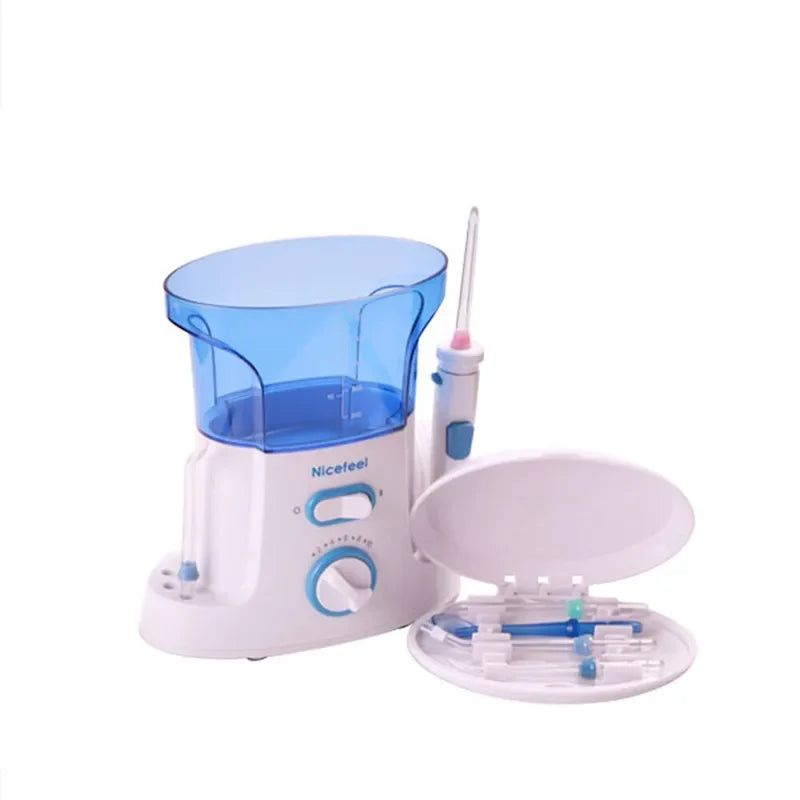 Dental water flosser with blue container and white base on a white background