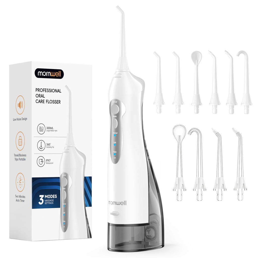 Mornwell dental flosser with packaging and additional nozzles on a white background