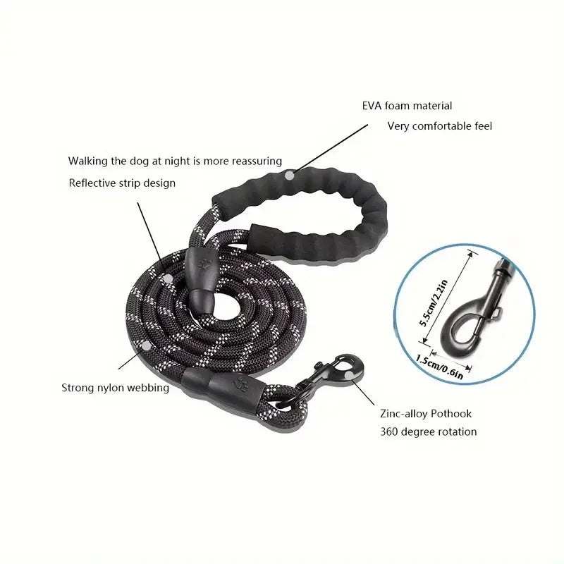 Black dog leash with features highlighted on a white background
