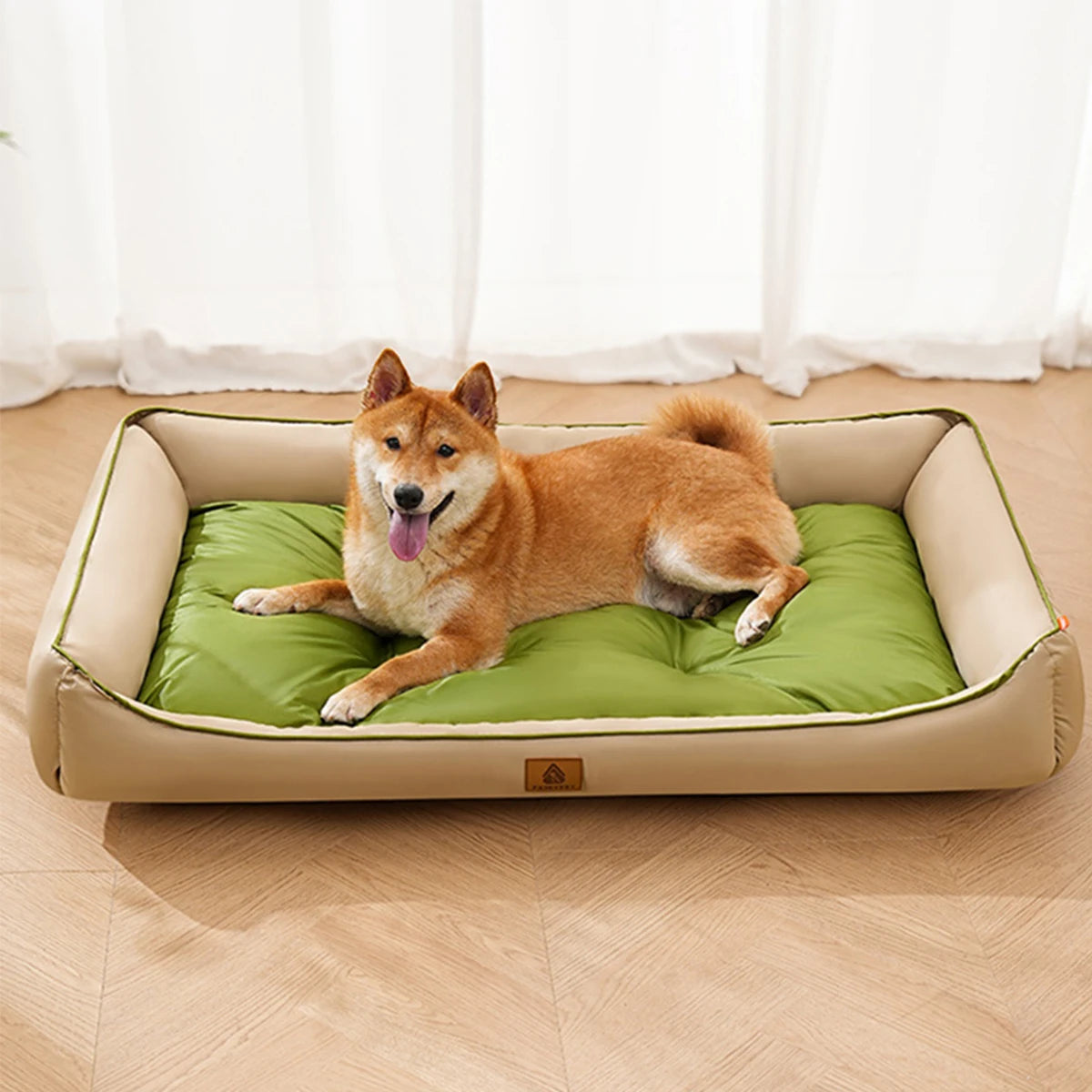 Dog lying on a green and beige pet bed with a white curtain background