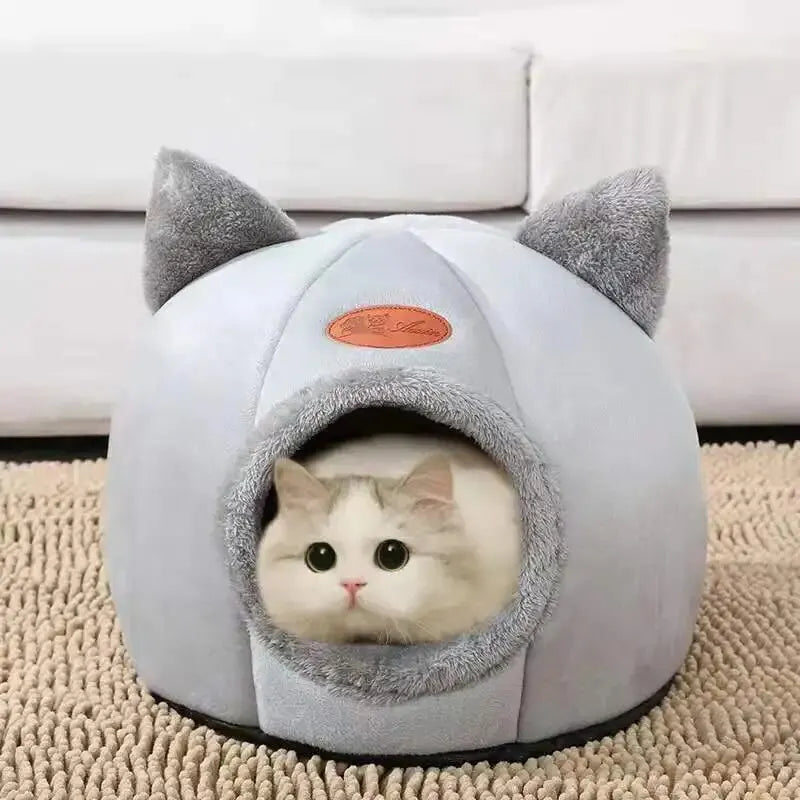 Cat lying inside a gray pet bed with cat ears on a beige carpet.