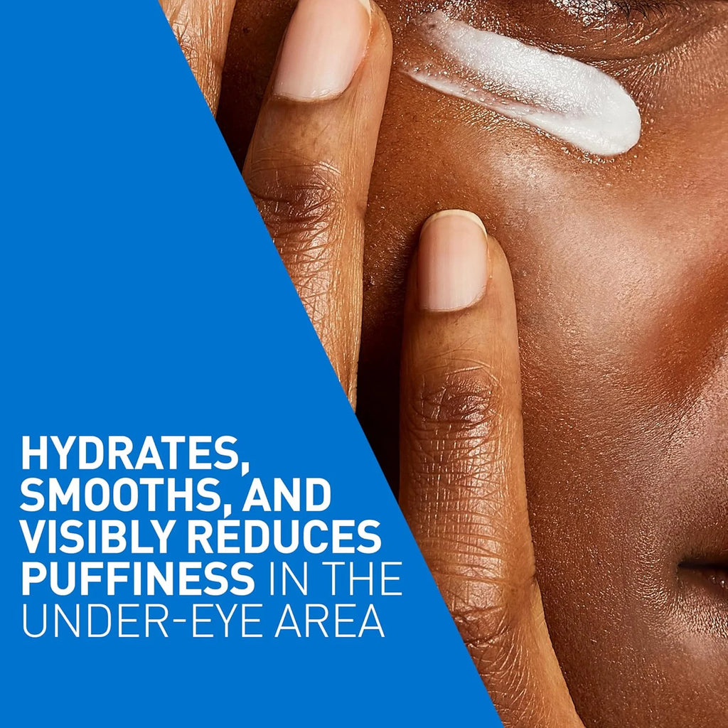 Hand applying cream to face with text about skincare benefits