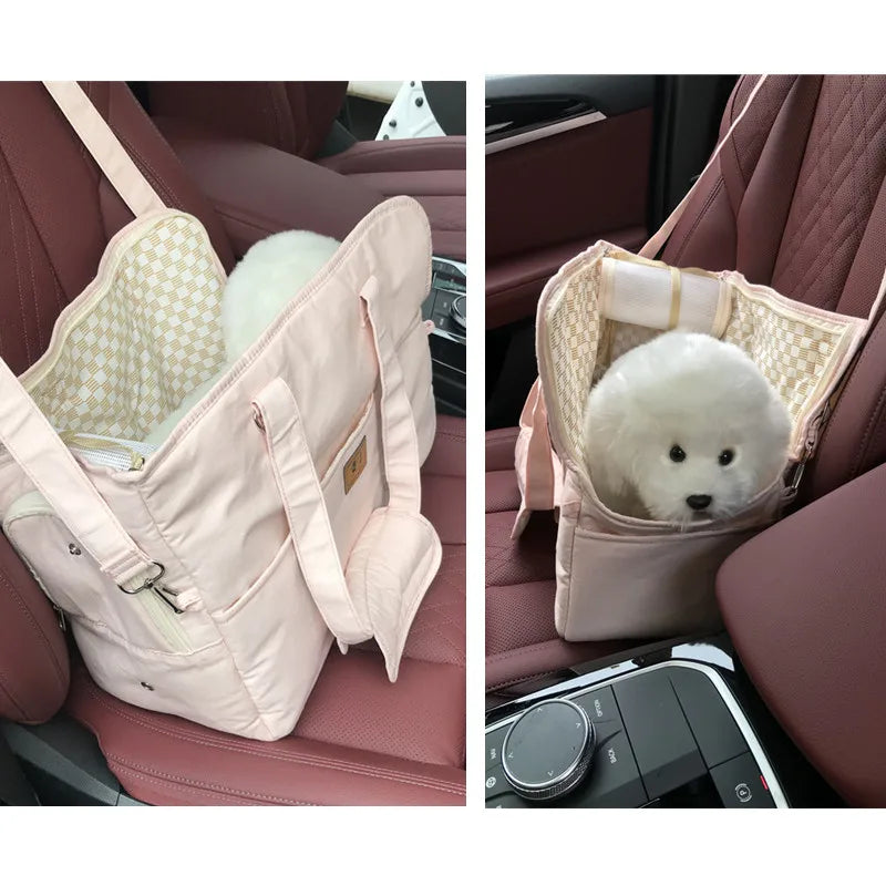 Pet car seat carrier with a small white dog inside, placed on a car seat.