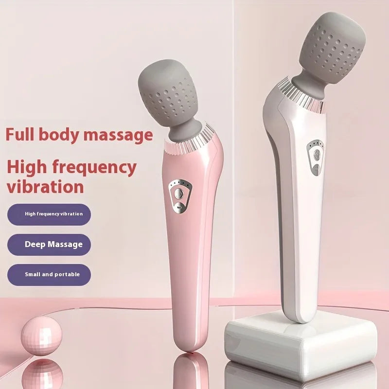 Two massage devices, one pink and one white, on a light pink background with text describing features.