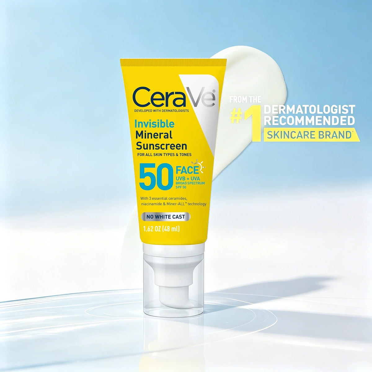 CeraVe Invisible Mineral Sunscreen SPF 50 Face Lotion in a yellow squeeze tube with a clear cap, shown against a light blue and white background with a white lotion smear behind it and a promotional badge on the right.