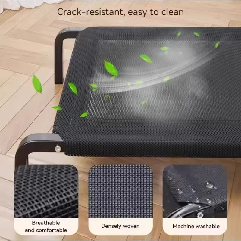 Black mesh screen with green leaves on a wooden floor, highlighting features like crack-resistance, ease of cleaning, breathability, density, and machine washability.