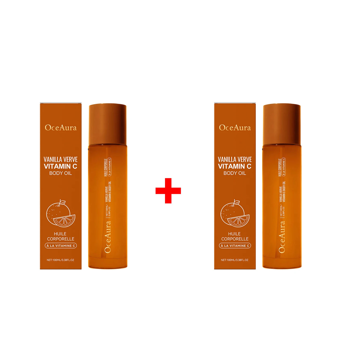 Two bottles of OceAura Vanilla Verve Vitamin C Body Oil with their packaging on a white background.