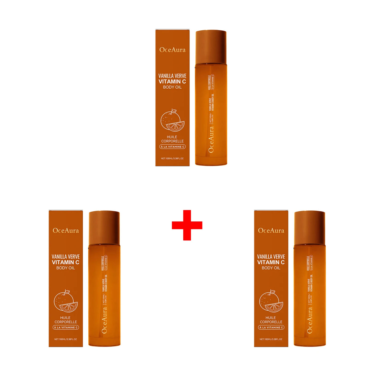 OceAura Vanilla Verve Body Oil with packaging on a white background