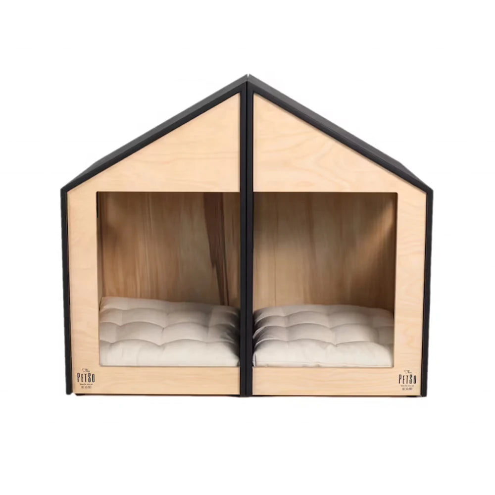 Wooden pet house with cushioned interior on a white background