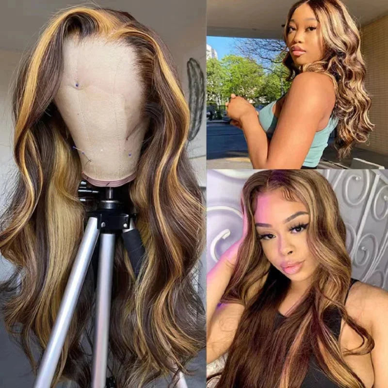 Wavy hair wig on a mannequin head and a woman wearing it outdoors.