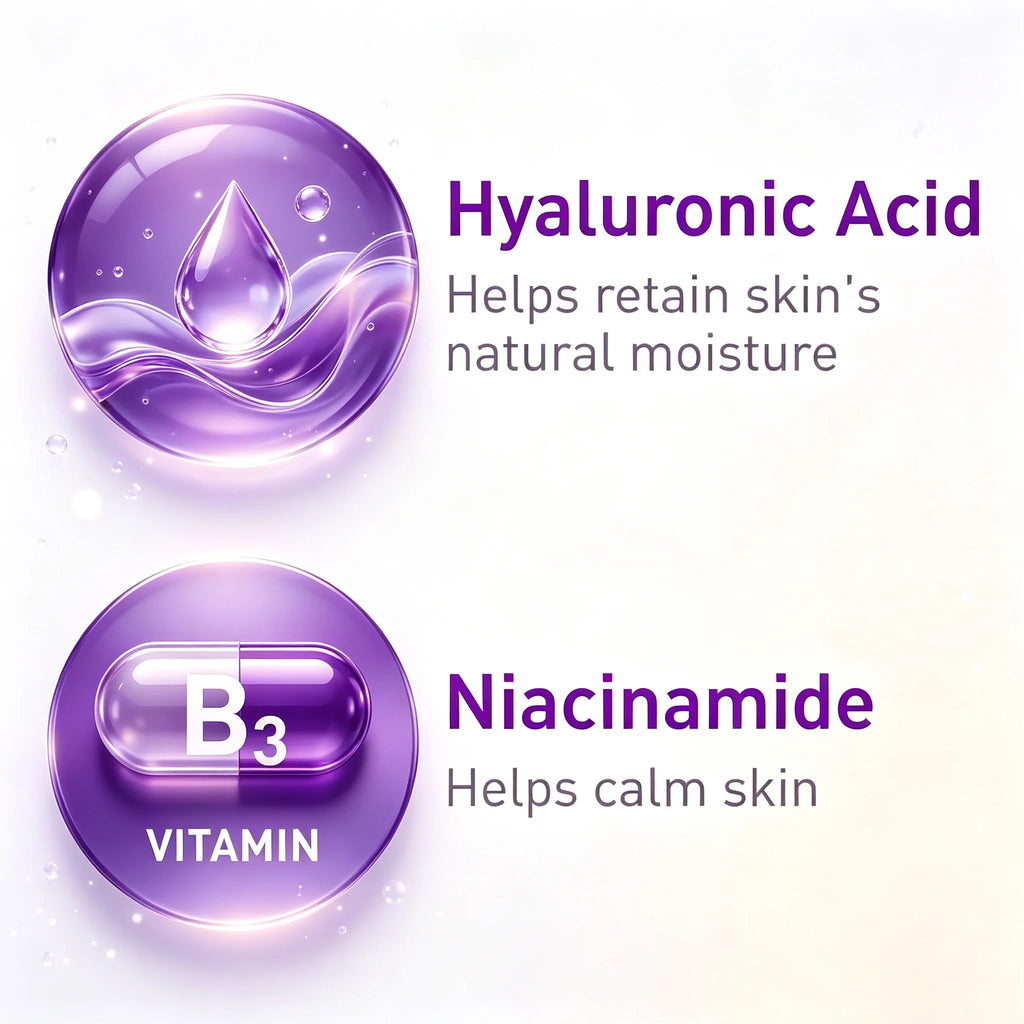 Promotional graphic for skincare ingredients on a light background. The top section shows a glossy purple droplet icon labeled 'Hyaluronic Acid' with the text 'Helps retain skin's natural moisture.