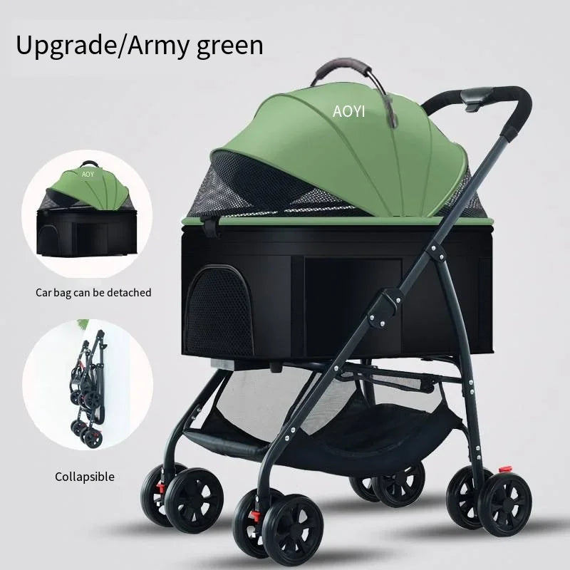 Green and black pet stroller with detachable bike packet and foldable design on a light gray background.