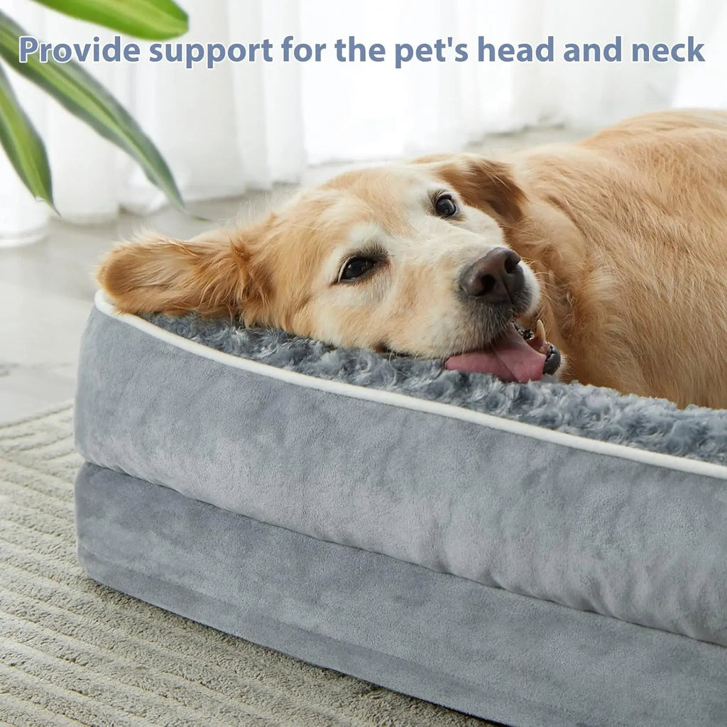 Dog lying on a gray pet bed with text about providing support for the pet's head and neck.